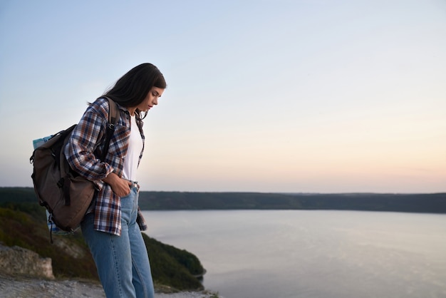 Free Photo pleasant woman hiking alone at national park podillya tovtry