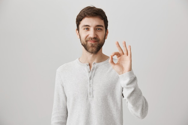 Free photo pleased attractive bearded man show okay sign in approval