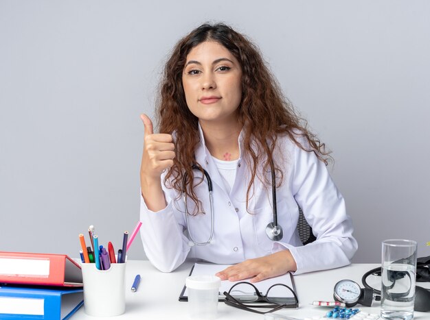 Pleased young female doctor wearing medical robe and stethoscope sitting at table with medical tools keeping hand on table looking at front showing thumb up isolated on white wall