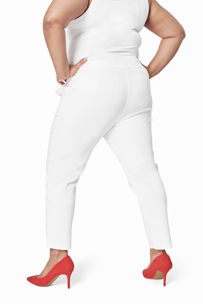 Free photo plus size apparel white top and pants back facing