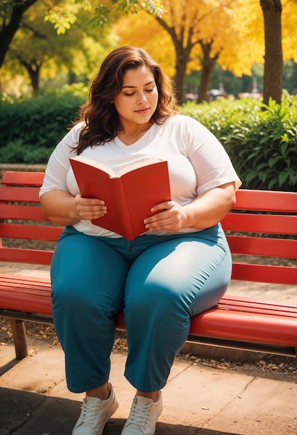 Plus size woman reading outdoors