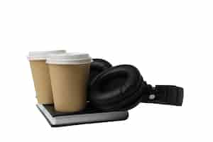 Free photo png coffee cups with headphones isolated on white background