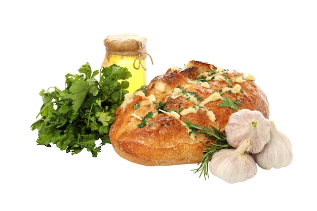 Free photo png garlic bread jar of oil parsley and garlic isolated on white background