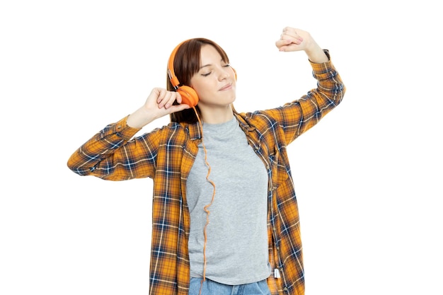 PNG girl listens to music in headphones isolated on white background