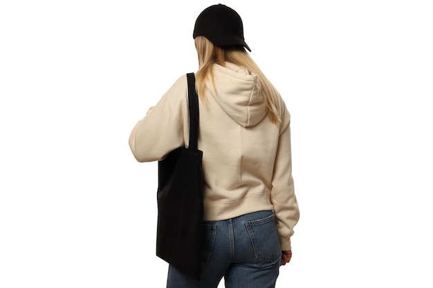 Free photo png a young woman with a black bag in her hand isolated on white background