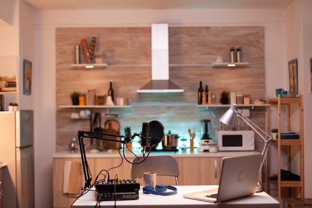 Podcast home studio in the kitchen with professional brodcasting gear