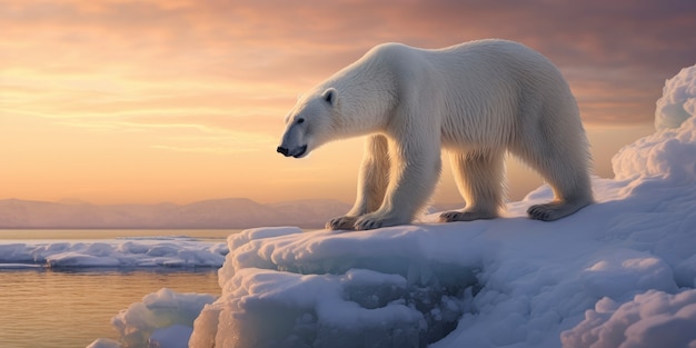 Polar bear on top of snowy ice patch