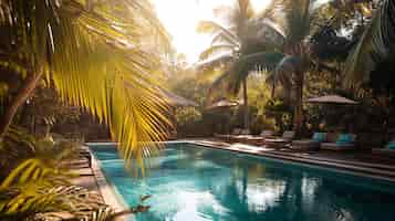 Free photo a pool party in a tropical paradise surrounded by palm trees sand and a laidback island atmosphere