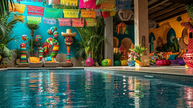 A poolside fiesta with a Mexican theme featuring pinatas sombreros and a salsa dance floor