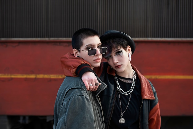 Pop punk aesthetic portrait of women posing by a locomotive