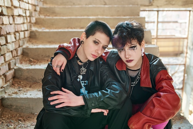 Free Photo pop punk aesthetic portrait of women posing inside building on stairs