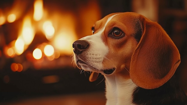 Free photo portrait of adorable beagle near fireplace