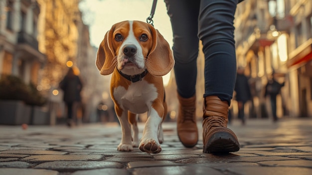 Free Photo portrait of adorable beagle walking  in the city