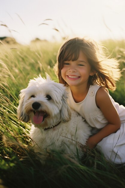 Portrait of adorable child with their dog on the field