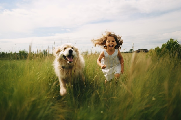 Free photo portrait of adorable child with their dog on the field