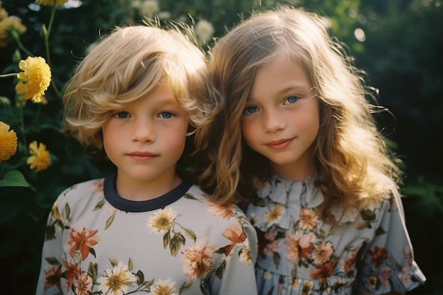 Free photo portrait of adorable children in the garden