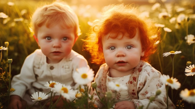 Free photo portrait of adorable newborn babies in the field