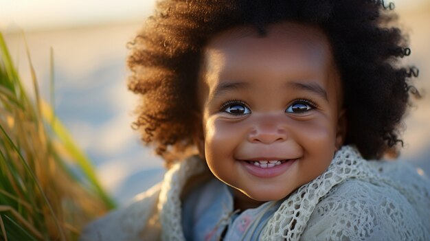 Portrait of adorable newborn baby at the beach