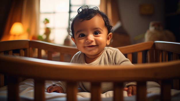 Portrait of adorable newborn baby in crib