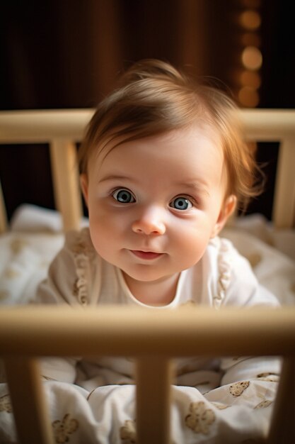 Portrait of adorable newborn baby in crib