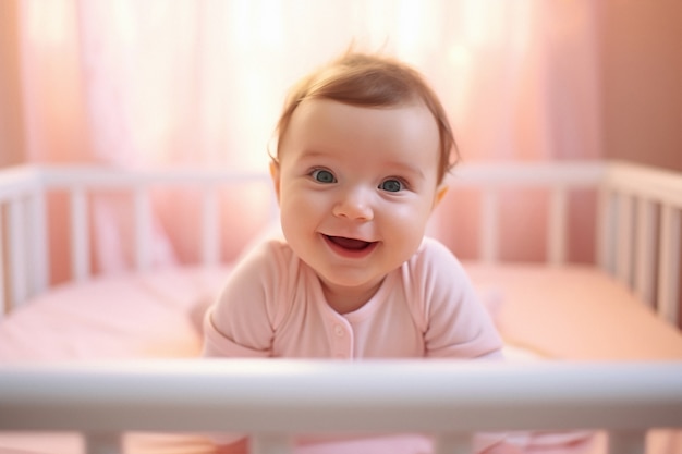 Portrait of adorable newborn baby in crib