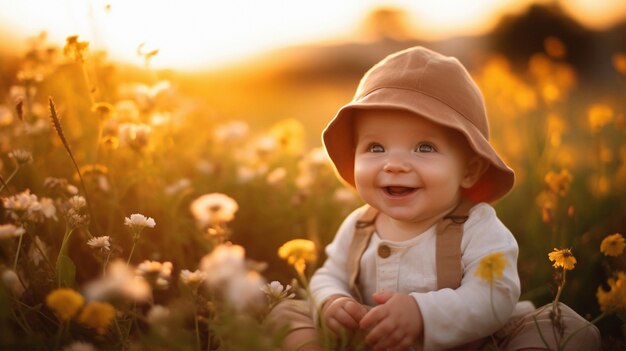 Portrait of adorable newborn baby in the field