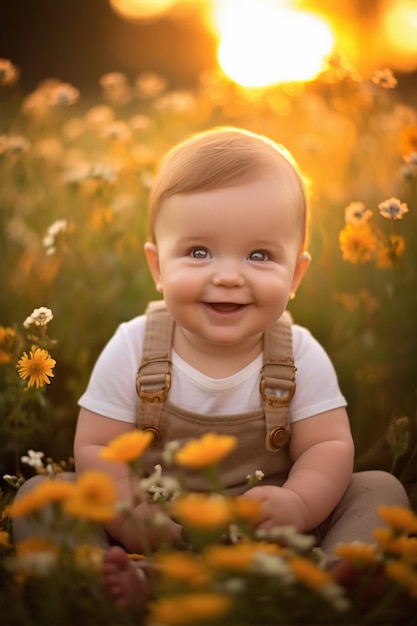 Portrait of adorable newborn baby in the field