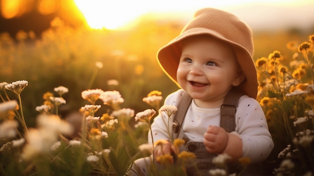 Portrait of adorable newborn baby in the field