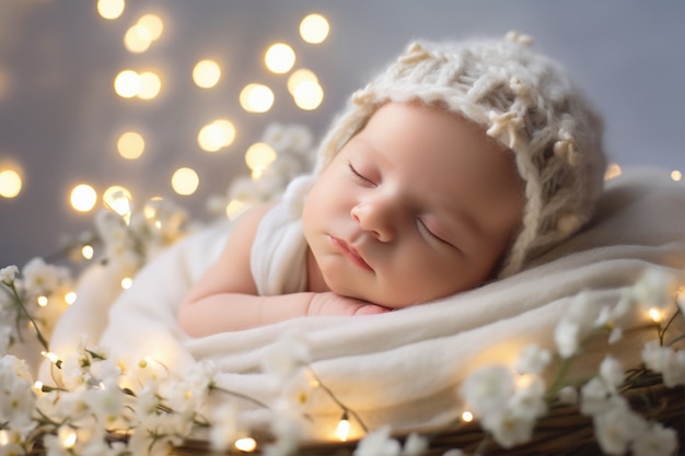 Portrait of adorable newborn baby with lights