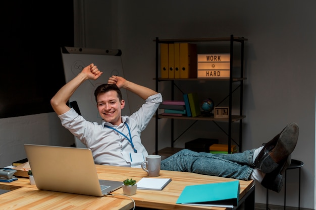 Portrait of adult male enjoying remote work