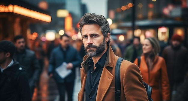 Portrait adult sad with grayhaired manager in the rain in the city on a blurred bokeh background