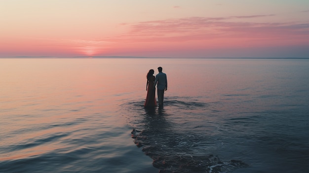 Free photo portrait of affectionate couple on the beach at sunset