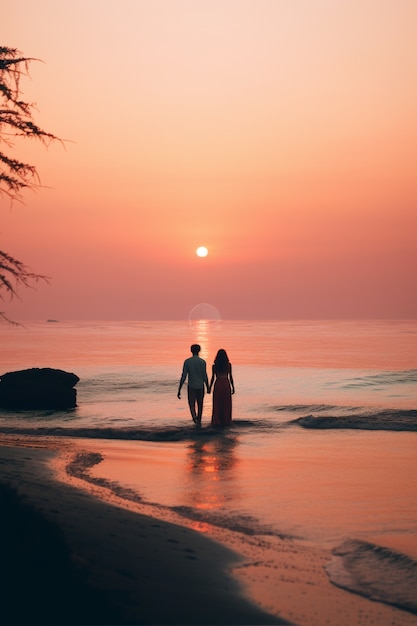 Free photo portrait of affectionate couple on the beach at sunset