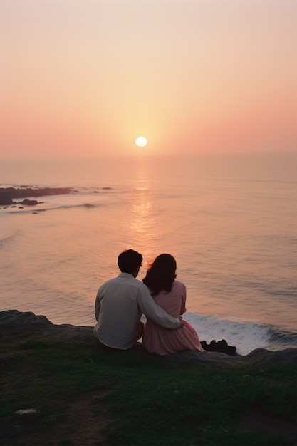 Free Photo portrait of affectionate couple on the beach at sunset