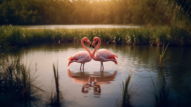 Portrait of affectionate flamingos couple