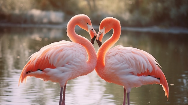 Portrait of affectionate flamingos couple