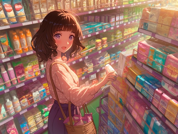 Portrait of anime character shopping in cartoon style