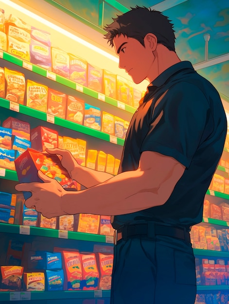 Portrait of anime character shopping in cartoon style