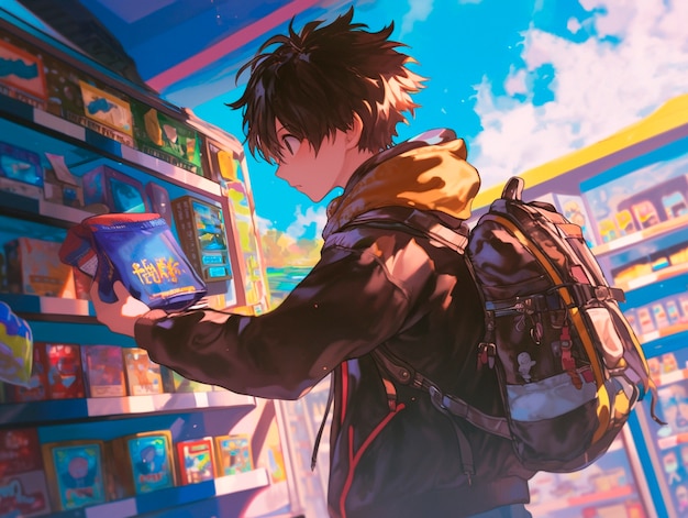 Free photo portrait of anime character shopping in cartoon style