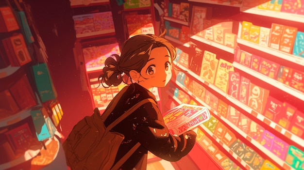 Portrait of anime character shopping in cartoon style