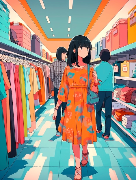 Portrait of anime character shopping in cartoon style