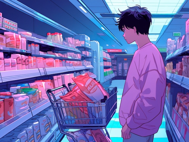 Free photo portrait of anime character shopping in cartoon style