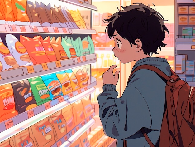 Portrait of anime character shopping in cartoon style