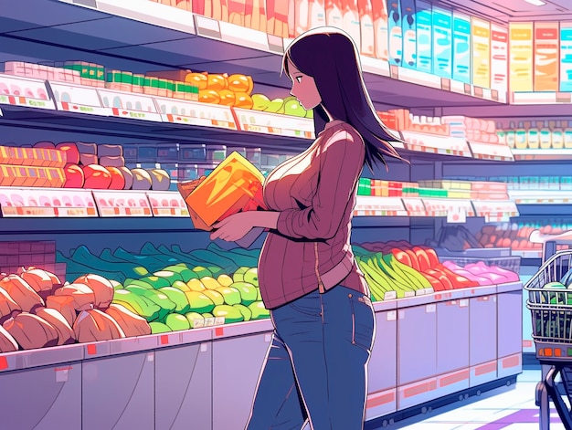 Free photo portrait of anime character shopping in cartoon style