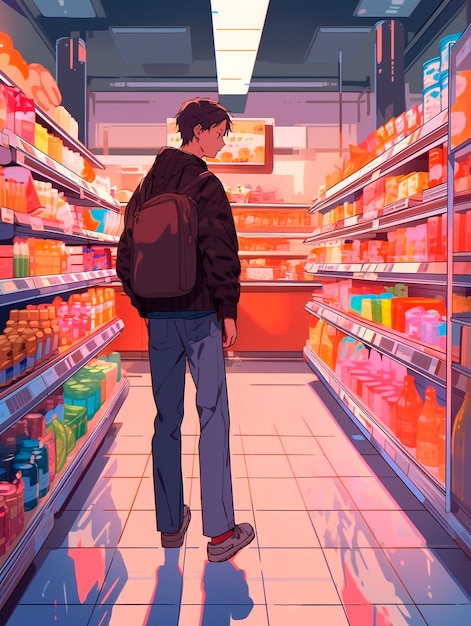 Free photo portrait of anime character shopping in cartoon style