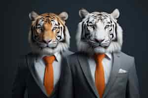 Free photo portrait of anthropomorphic tigers dressed in human clothes