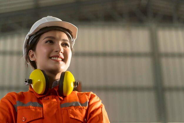 Portrait of asian female engineer wearing uniform and saftey helmet standing confident and cheerful next to automation robot arm machine in factory background