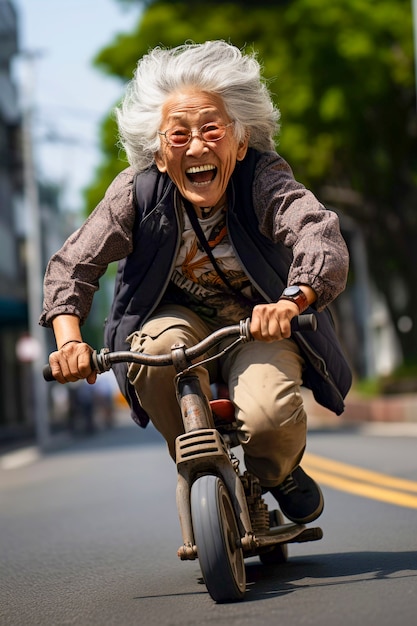 Portrait of asian grandma on bicycle