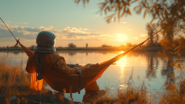 Free photo portrait of astronaut in space suit doing common activity outdoors