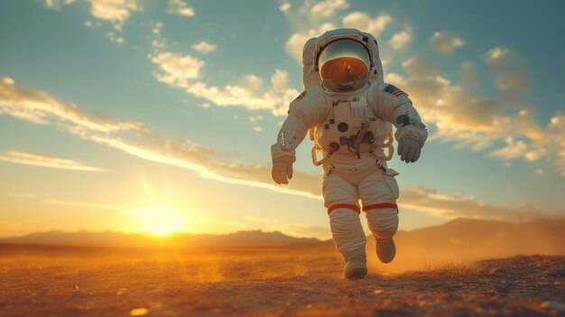 Portrait of astronaut in space suit doing common activity outdoors